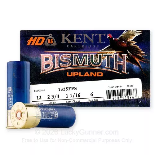 12 Gauge – 2-3/4″ 1-1/16oz. #6 Shot – Kent Bismuth Upland – 25 Rounds