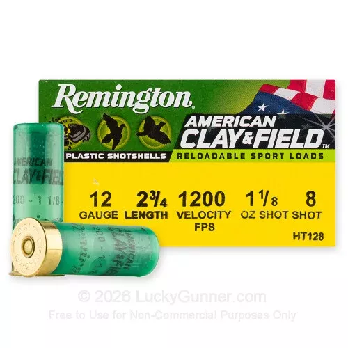 12 Gauge – 2-3/4″ 1-1/8oz. #8 Shot – Remington American Clay & Field – 25 Rounds