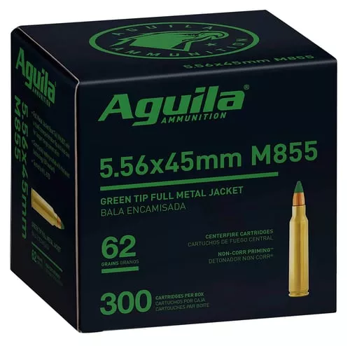 Aguila 1E556125 Green Tip M855 5.56x45mm NATO 62gr Full Metal Jacket Boat Tail 300 Per Box/4 Case