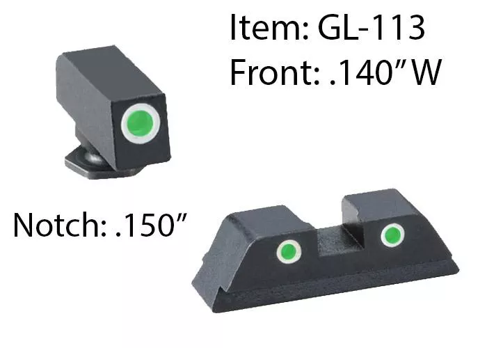 Ameriglo Classic Style 3-Dot Night Sight Set for Select Glocks / Front Tritium – Green / Front Outline – White / Rear Tritium – Green / Rear Outline –