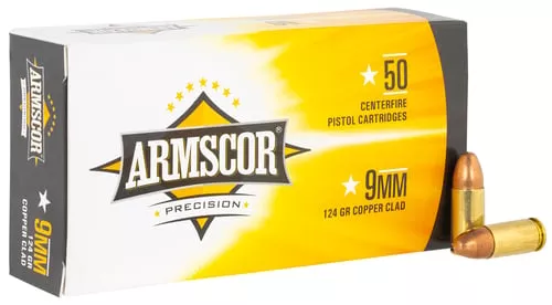 Armscor 50282 Precision9mm Luger 124 gr 1090 fps Full Metal Jacket (FMJ) 50 Bx/20 Cs
