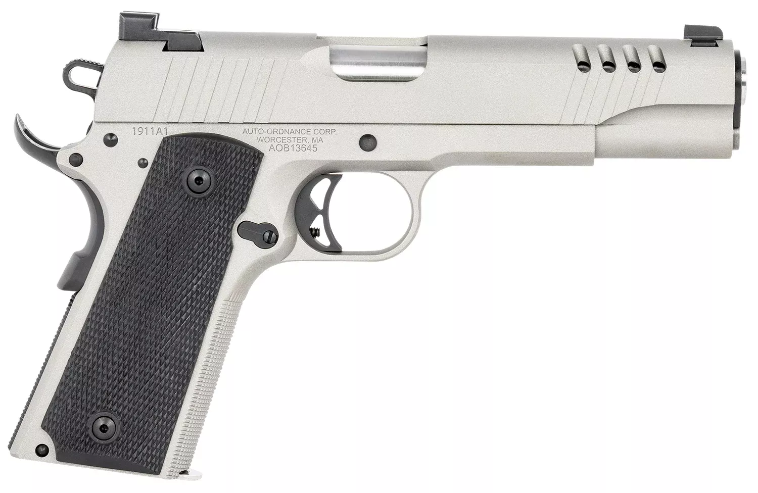 Auto-Ordnance 1911TCAC6 1911 A145 ACP 7+1 5" Savage Silver Cerakoate, Serrated/Ported Slide,Black Rubber Grips, Fixed 3-Dot Combat Day Sights