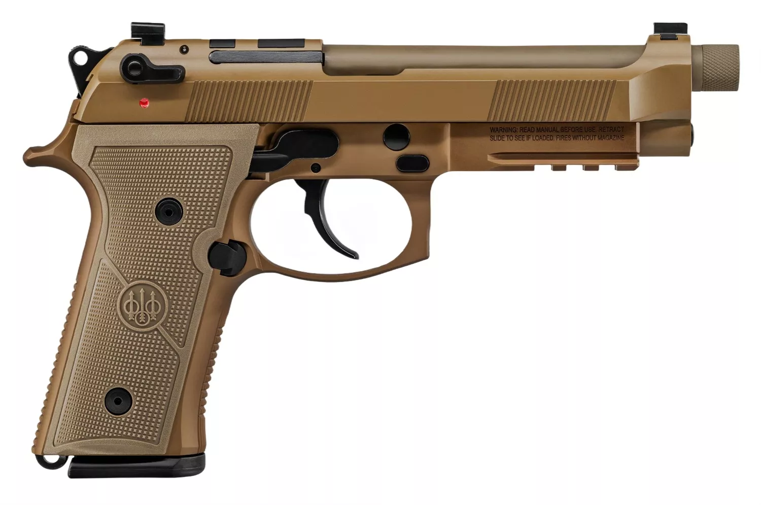 Beretta USA JS92M9A4M15 M9A49mm Luger 5.10" Barrel 15+1, Flat Dark Earth Cerakote Polymer Frame, Serrated Steel Optic Cut Slide, Polymer Grip & Decocker Safety