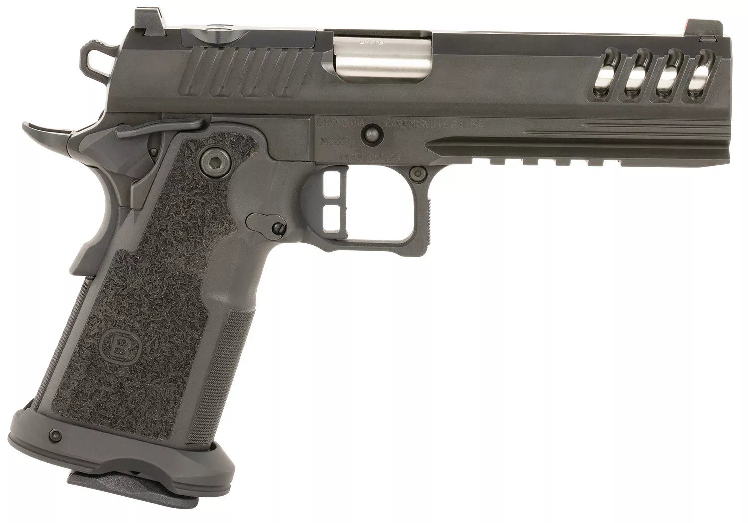 Bersa M2XIO5BBFN M2XI9mm Luger 22+1 5″ Match Grade Bull Barrel, QPQ Tenifer Cerakote Lightening Cut/Optic Cut/Serrated Steel Slide & Frame w/Beavertail & Picatinny Rail, Black Polymer Grip