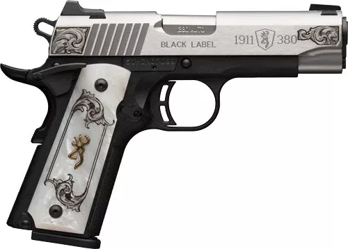 BG 1911-380 MED. S/S ENGRAVED - 380ACP FS 3.58" WHITE PEARL
