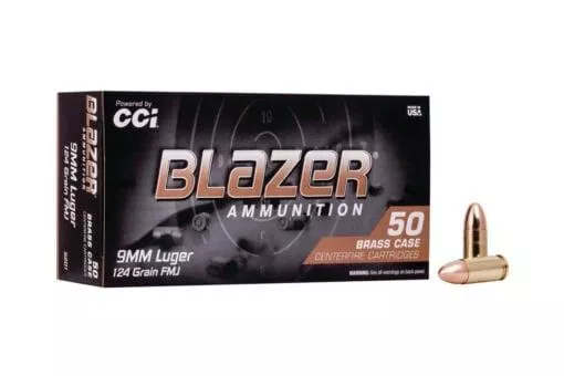 Blazer Brass 9mm Luger 50 Rounds 124 gr FMJ Ammo Handgun Ammo CCI 5201 – 5201