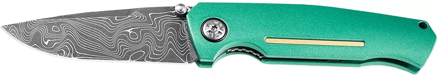 Boker 111102DAM 3.22″ Drop Point Plain Damascus Blade Green Aluminum Handle