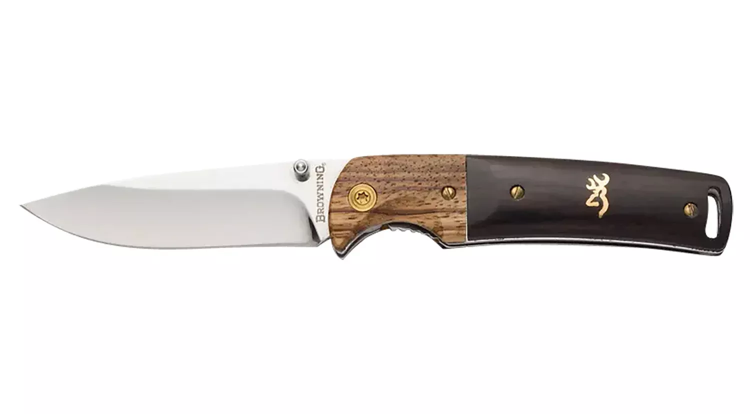Browning 3220231 Buckmark Hunter EDC 3" Folding Drop Point, Plain Mirror Polished 8Cr14MoV SS Blade, Black/Natural Finger Grooved w/Brass Accents Hardwood Handle, Includes Pocket Clip