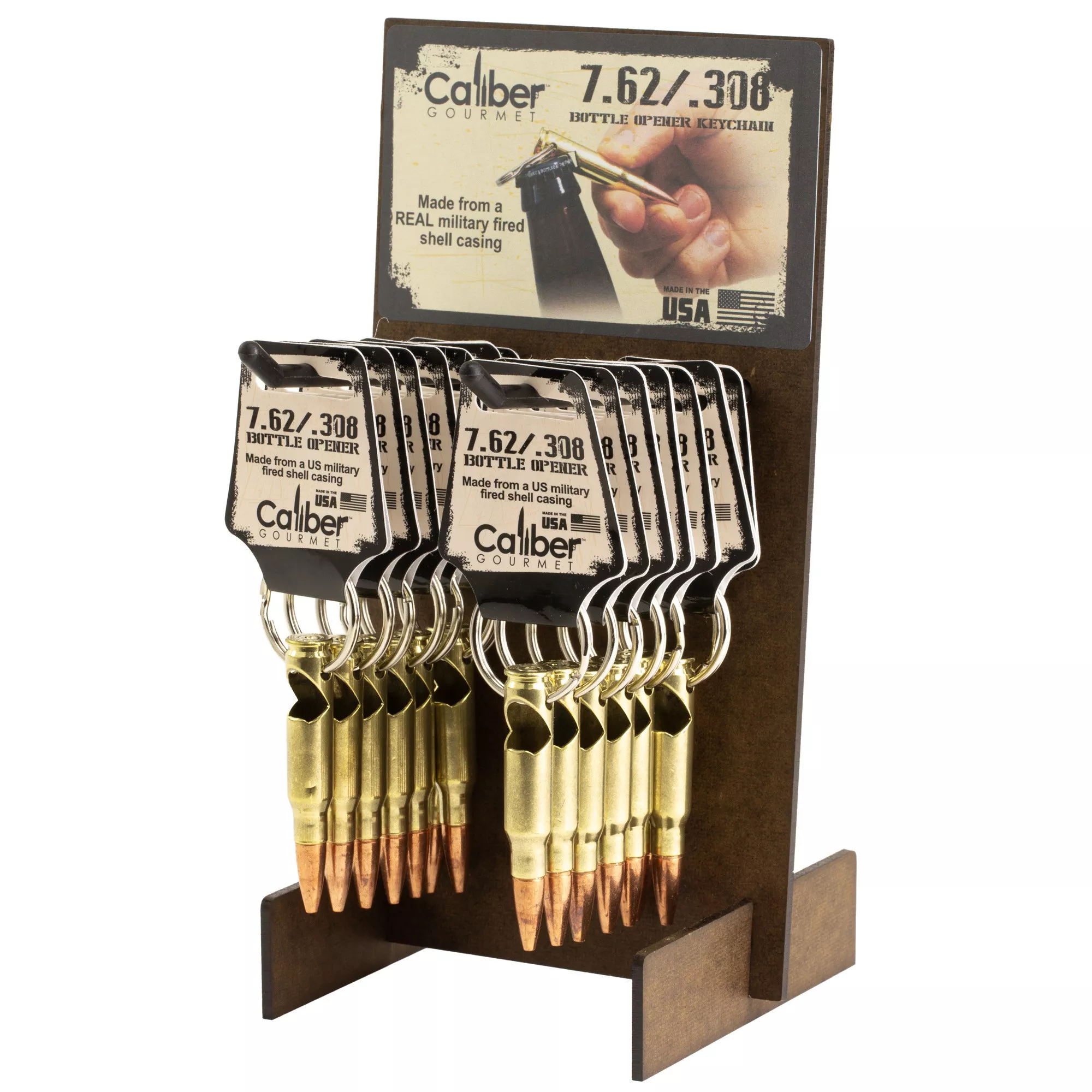 Caliber Gourmet 308 Bottle Opener Keychain Display, 24 Keychains, Gold