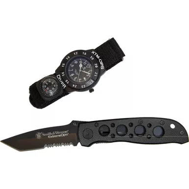 Caliber Gourmet Smith and Wesson Extreme Ops Combo, Tanto Folding Knife and Matching Watch, Black SW-XTMOPS-2