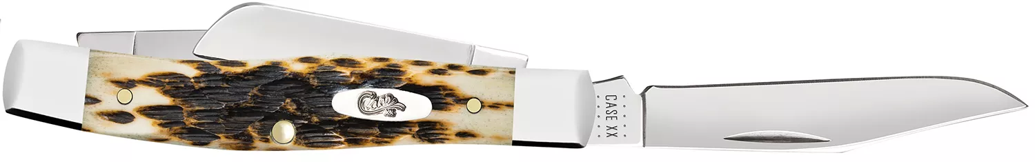 Case 00079 StockmanMedium 2.57"/1.88"/1.76" Folding Clip/Sheepsfoot/Pen Plain Mirror Polished Chrome Vanadium Steel Blade/Peach Seed Jigged Amber Bone Handle
