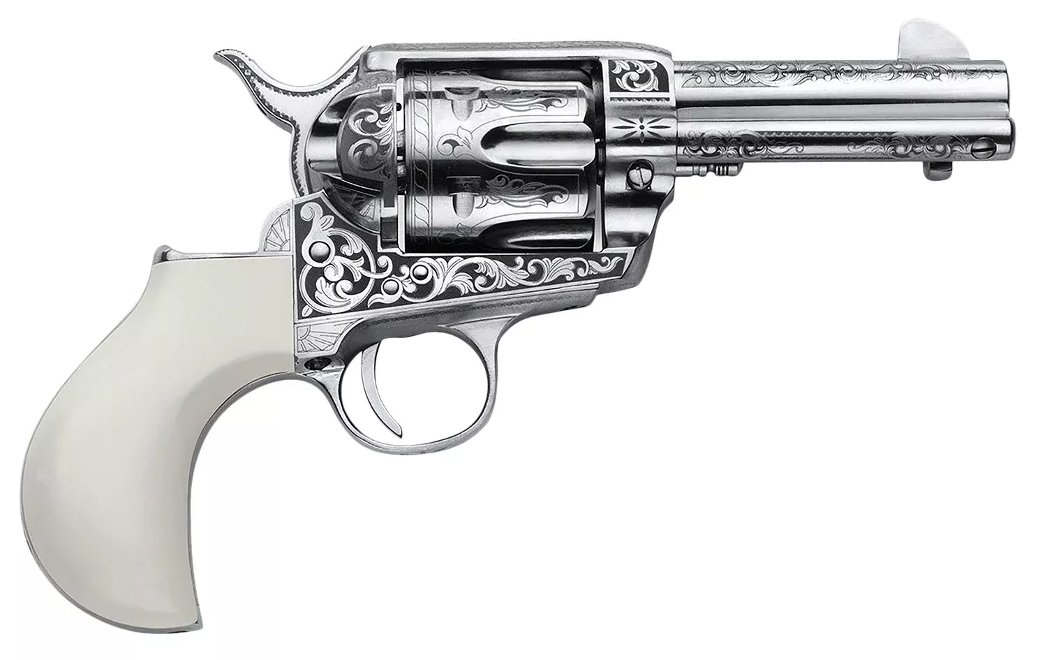 Cimarron PP346HUCKENG Huckleberry45 Colt (LC) 6 Shot, 3.50″ Nickel Engraved Barrel, Cylinder & Frame, Poly-Ivory w/”Huckleberry” Engraved On The Backstrap Grip