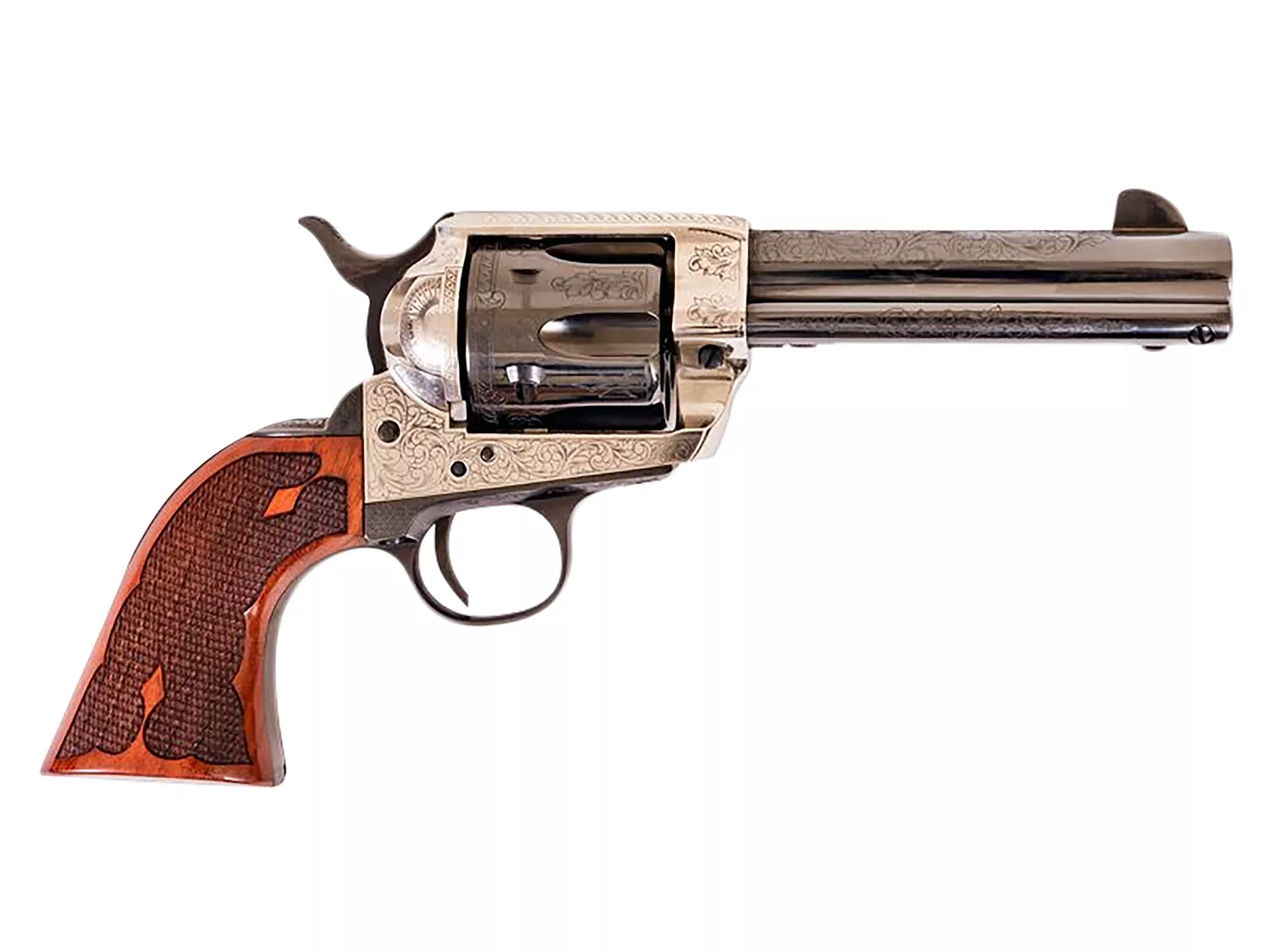 Cimarron PP400LSFW Frontier357 Mag 6 Shot 4.75" Blued Barrel, Blued Cylinder, Old Silver Engraved Frame, Checkered Walnut Grip