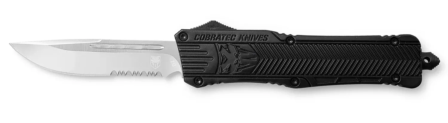 CobraTec Knives LBCTK1LDS CTK-1Large 3.75" OTF Drop Point Part Serrated D2 Steel Blade/ Black Aluminum Handle Features Glass Breaker Includes Pocket Clip