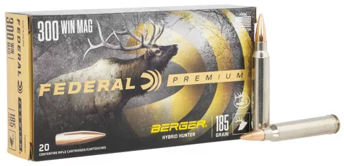 Federal Berger Hyper Velocity Centerfire Ammunition, 300 Winchester, Berger Hybrid Hunter, 185 Grain – 20 Cartridge Box ( 20 / 1 )