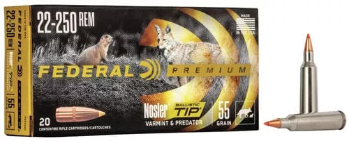 Federal P22250F Premium22-250 Rem 55 gr 3670 fps Nosler Ballistic Tip (NBT) 20 Bx/10 Cs