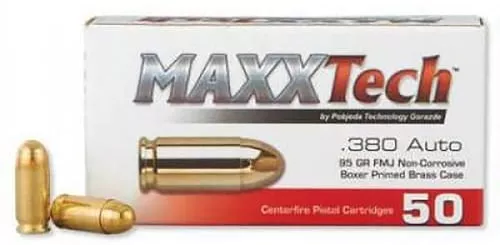 MaxxTech PTGB380B Brass Pistol380ACP 95gr Full Metal Jacket 50 Per Box/20 Case