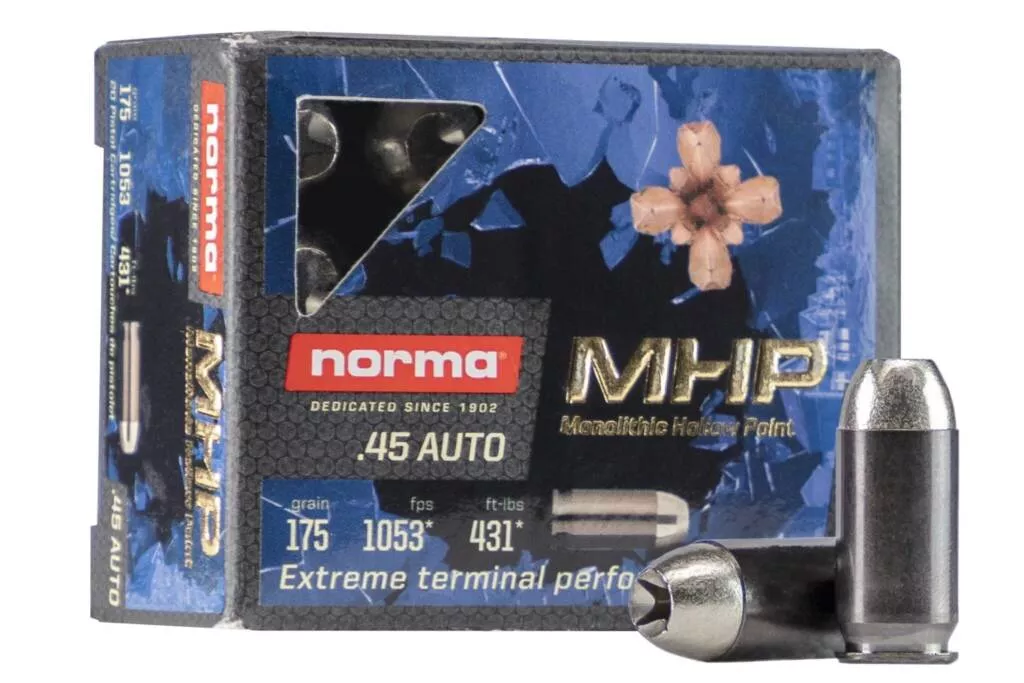 Norma Home Defense MHP Ammunition 45 ACP 175 Grain Solid Hollow Point Ammo – Handgun Ammo – 20 Rounds – 245720020