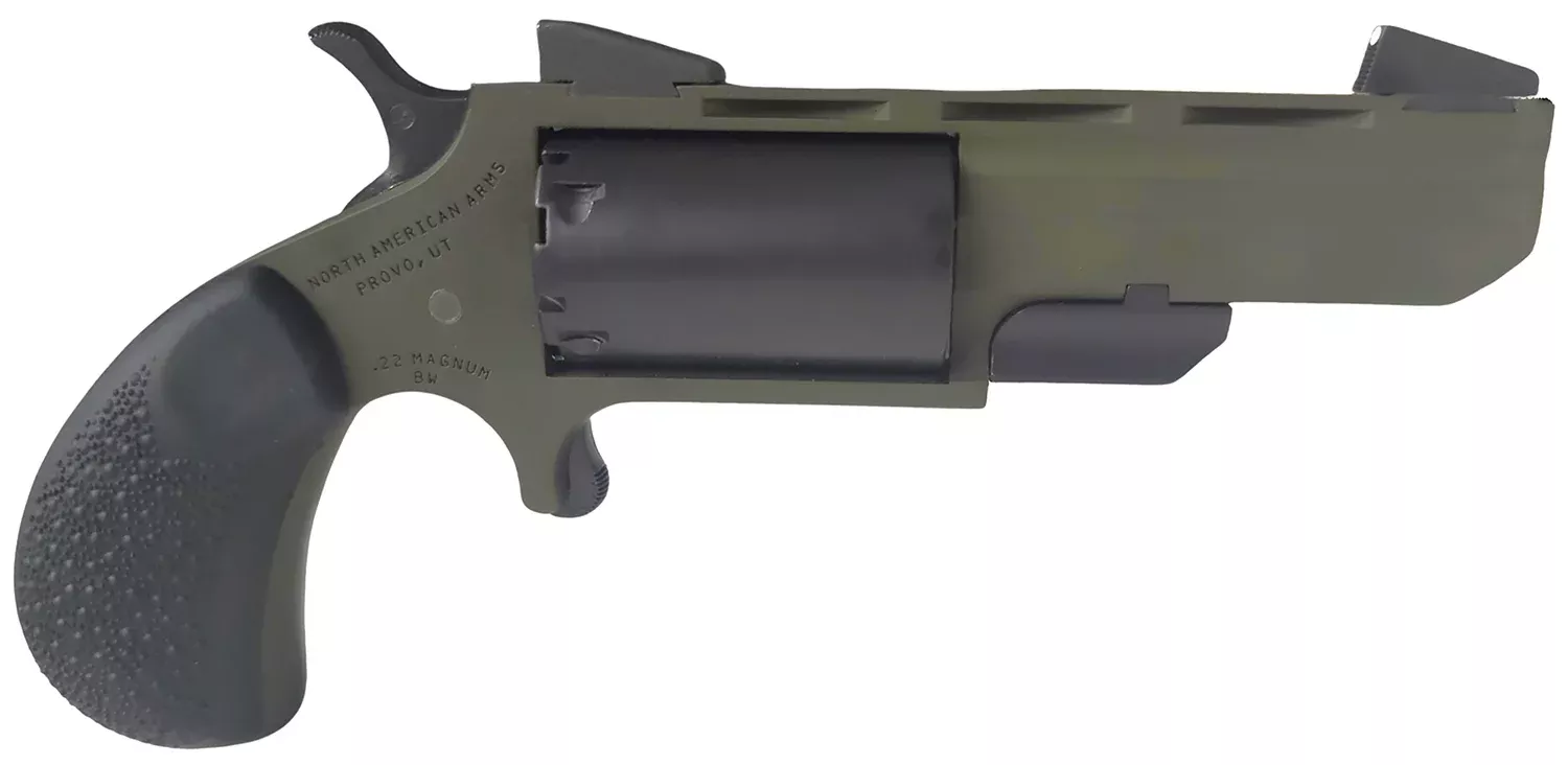 North American Arms TGHMB Green Huntsman22 WMR 5 Shot 2″ OD Green Cerakote Heavy Vent Rib Barrel, OD Green Cerakote Steel Frame, Matte Black Cylinder, Black Cobblestone Rubber Grip, Exposed Hammer
