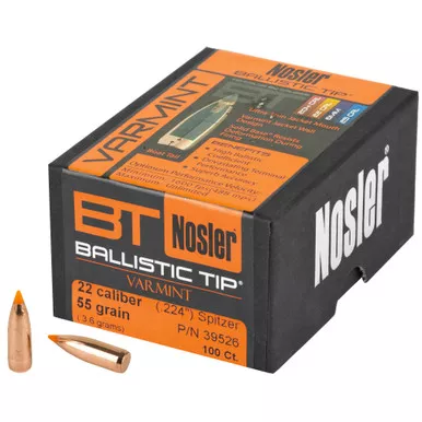 Nosler Ballistic Tip, .224 Diameter, 22 Caliber, 55 Grain, Spitzer, 100 Count 39526