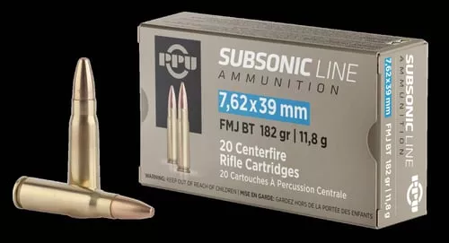 PPU PPS76239 Subsonic7.62x39mm 182gr Full Metal Jacket Boat Tail 20 Per Box/50 Case