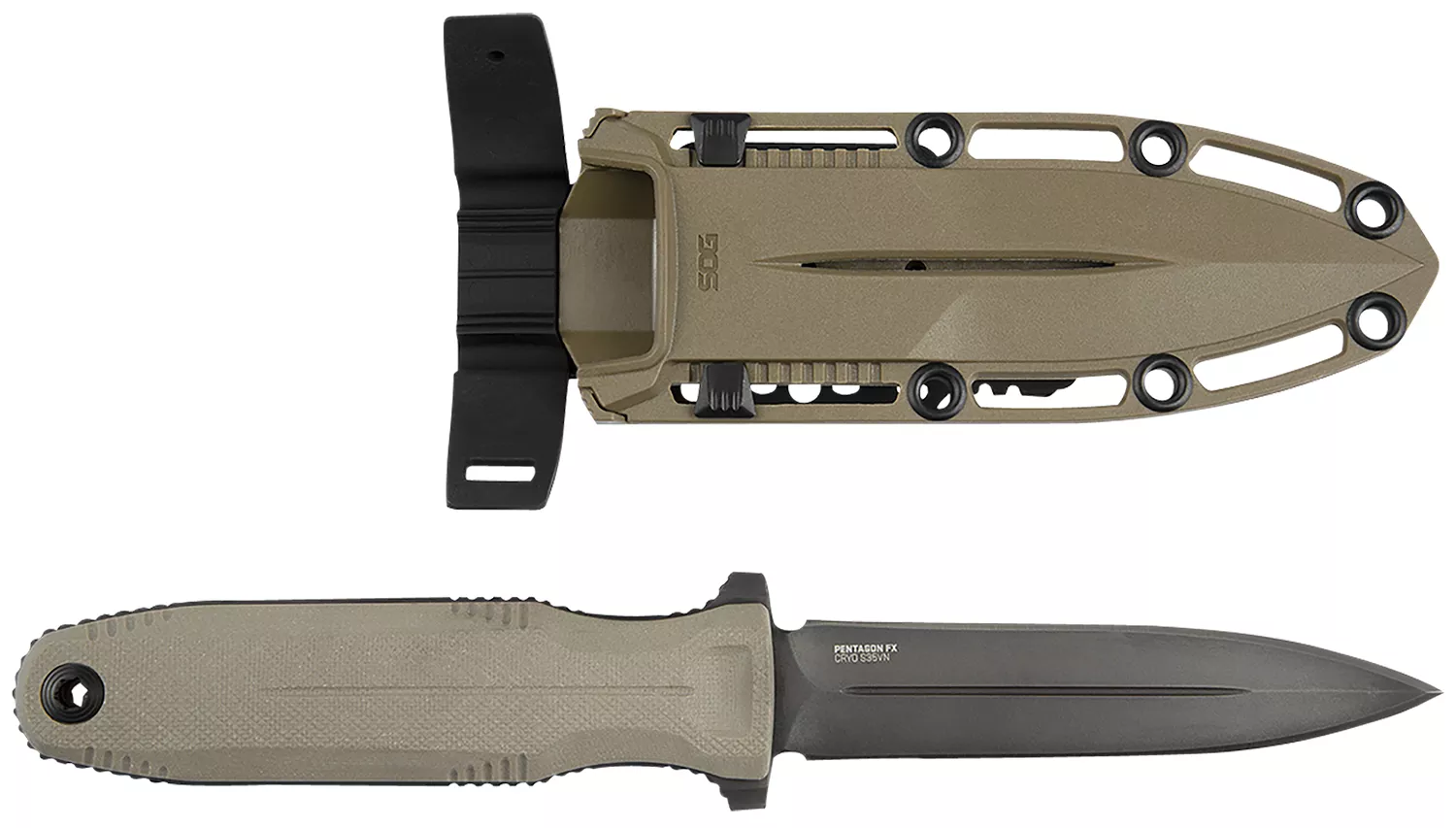 S.O.G SOG17610257 Pentagon FX 4.77″ Fixed Spear Point Plain Black Titanium Nitride Cryo CPM S35VN Blade/G10 FLat Dark Earth Handle