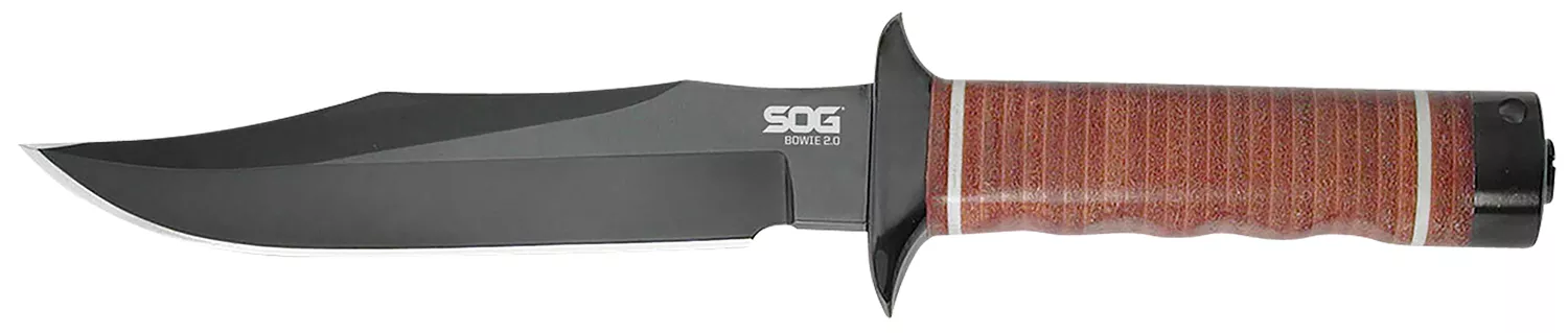 S.O.G SOGS1TL Bowie 2.0 6.40″ Fixed Plain Clip Point Black Hardcased TiNi Full Tang AUS8 SS Blade/ Brown Stacked Leather Washers w/Cross Guard Handle