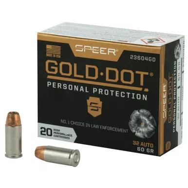 Speer Ammunition Speer Gold Dot, Personal Protection, 32ACP, 60 Grain, Hollow Point, 20 Round Box 23604GD