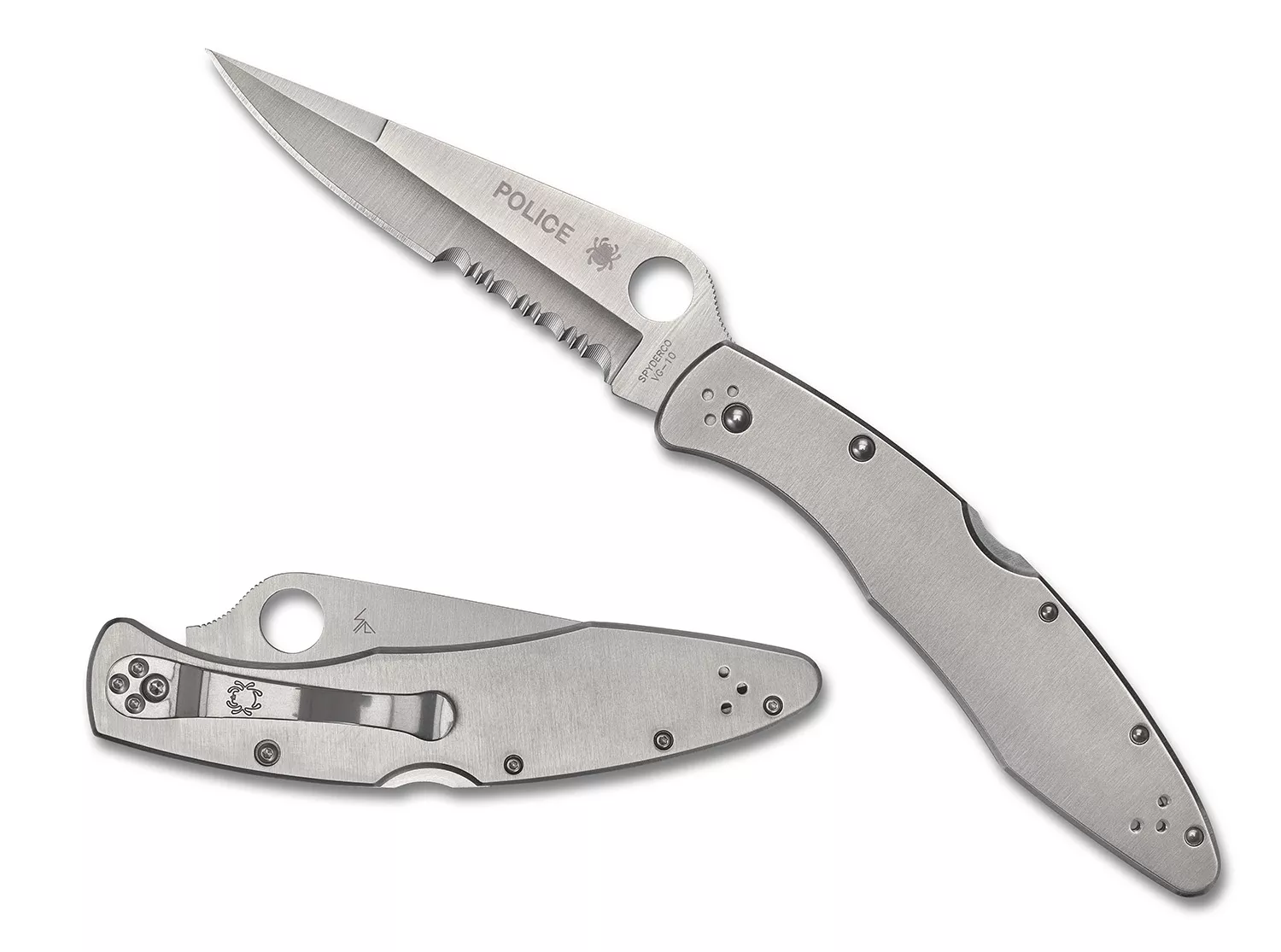 Spyderco C07PS Police4.13" Folding Plain Satin VG-10 SS Blade/Satin Stainless Steel Handle Includes Pocket Clip