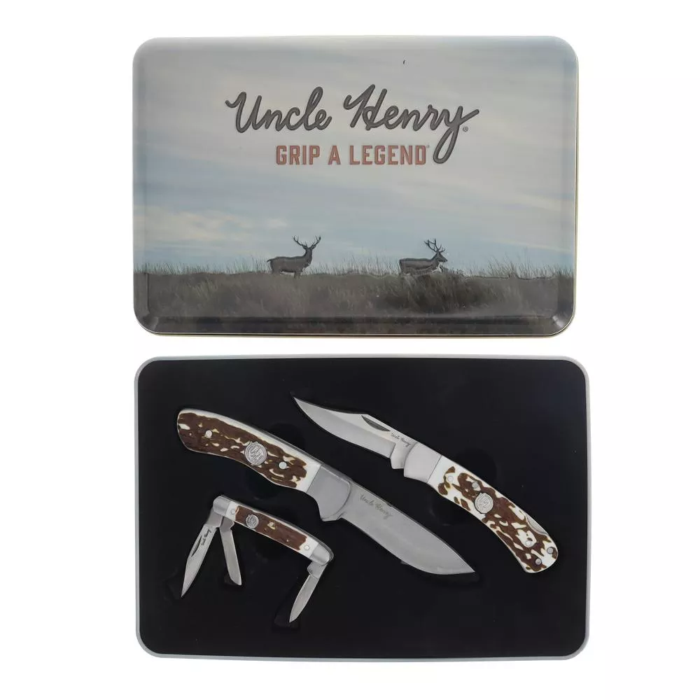 Uncle Henry Knife Combo with Tin 1 Fixed Knife 2 Folding Knives