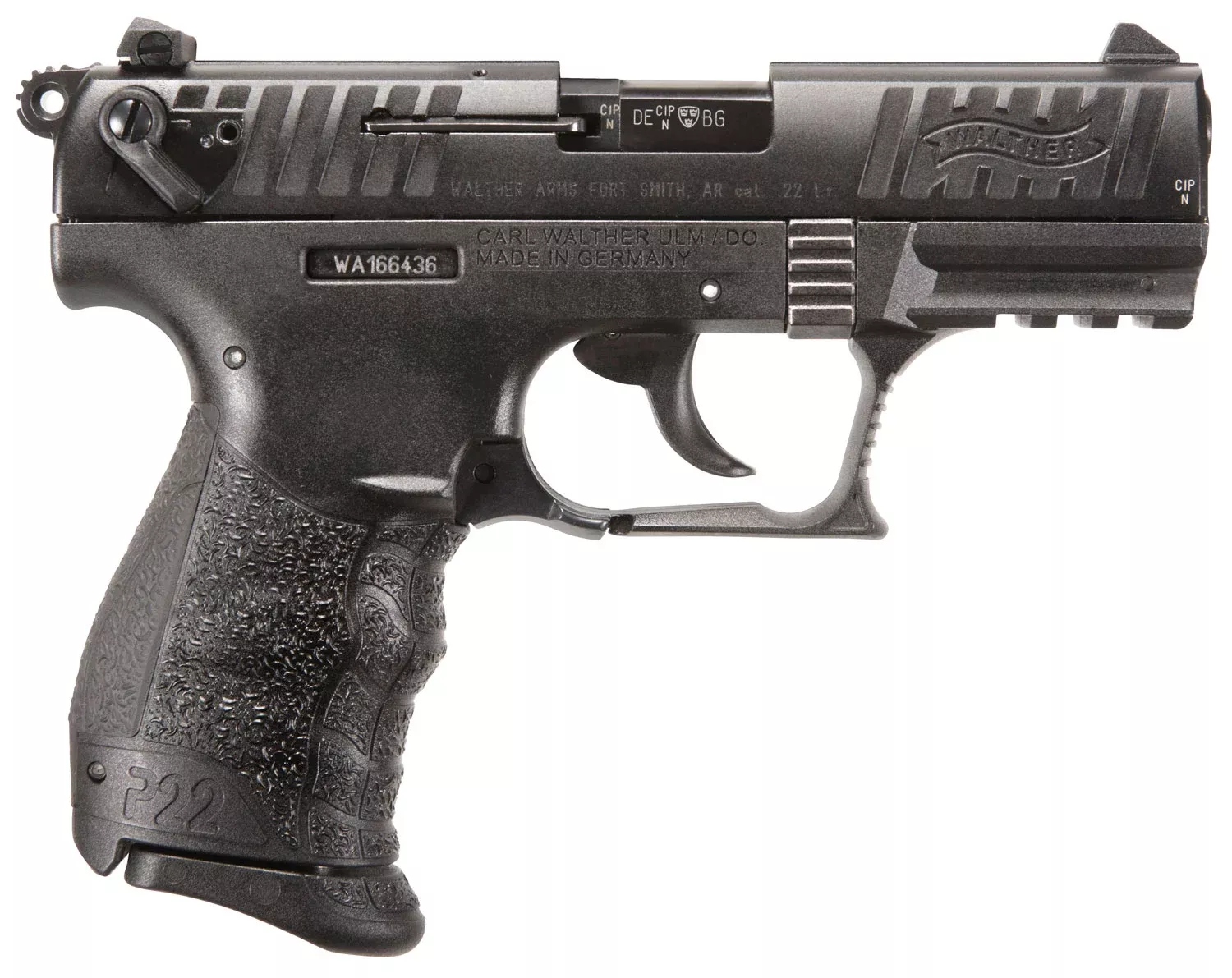 Walther Arms 5120700 P22 Q 22 LR Caliber with 3.42" Threaded Barrel, 10+1 Capacity, Black Finish Picatinny Rail Frame, Serrated Matte Black Tenifer Zinc Alloy Slide & Interchangeable Backstrap Grip