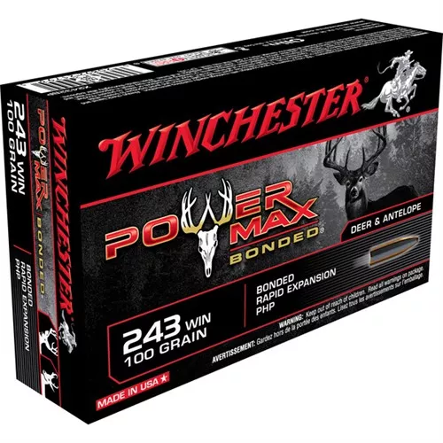 Winchester Ammo X2432BP Power Max Bonded243 Win 100 gr 2960 fps Bonded Rapid Expansion PHP 20 Bx/10 Cs