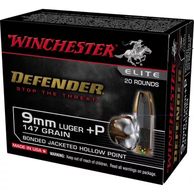 Winchester Ammunition Defender, 9MM +P, 147 Grain, Bonded Jacketed Hollow Point Bullet, 20 Round Box S9MMPDB2