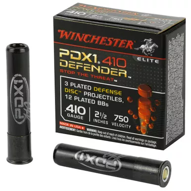 Winchester Ammunition Defender, Supreme Elite, 410 Bore, 2.5", Buckshot, 3 Defense, Discs/12 BB Pellets, 10 Round Box S410PDX1