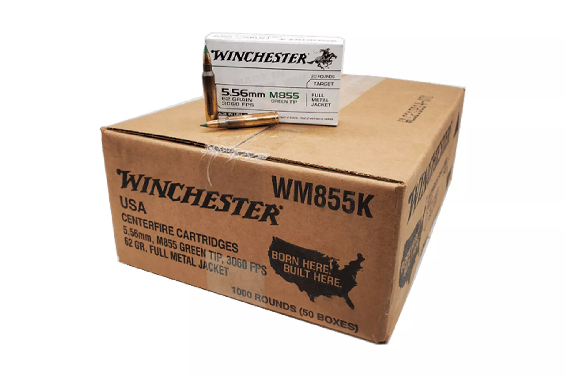 Winchester WM855K 5.56 NATO 62gr FMJ Green Tip Rifle Ammo – 1000 round case – WM855K
