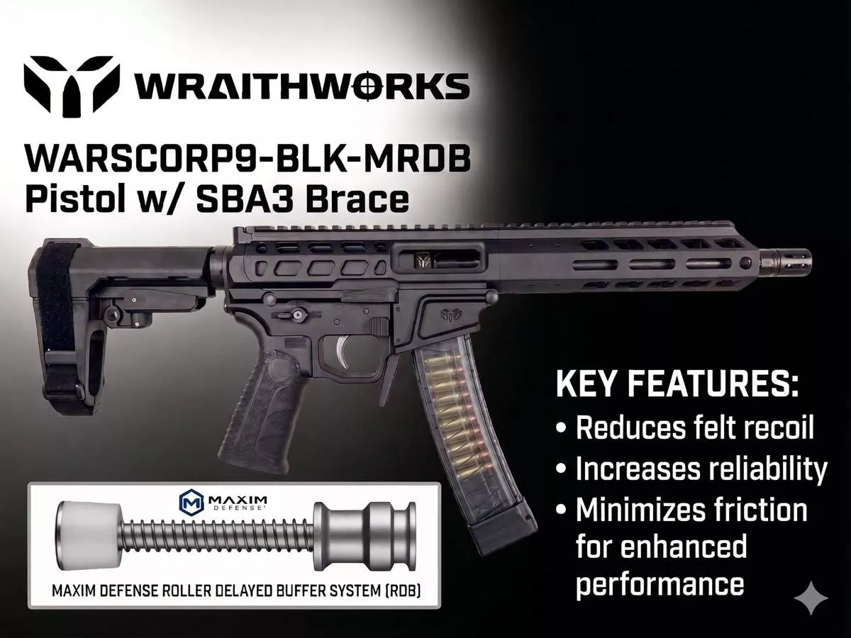 Wraithworks WARSCORP9 Roller Delayed Side-Charging AR Pistol – Black | 9mm | 8.5″ Barrel | 7″ M-LOK Rail | SB Tactical SBA3 Brace | Accepts Scorpion Mags